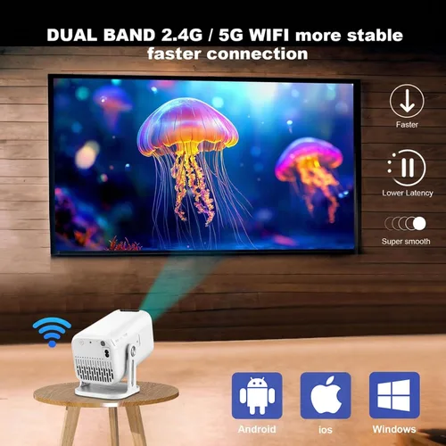 Vista 2 de Mini proyector con WiFi y Bluetooth, compatible con proyector portátil 4k 1080P HD, corrección trapezoidal automática, 180 α giratorio, compatible