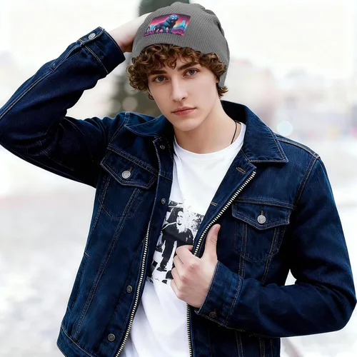 Vista 4 de Synthwave Sabertooth Patterned Black Fleece-Lined Warm Men's and Women's Hood, Winter Outdoor Sports Ski Cap