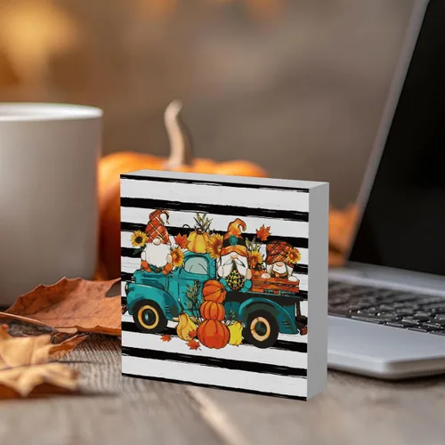 Vista 4 de Señal de Camión de Gnomos Otoñales Rústicos con Calabaza para Decoración de Otoño para Hogar Oficina Interior Decoración de Escritorio de Otoño