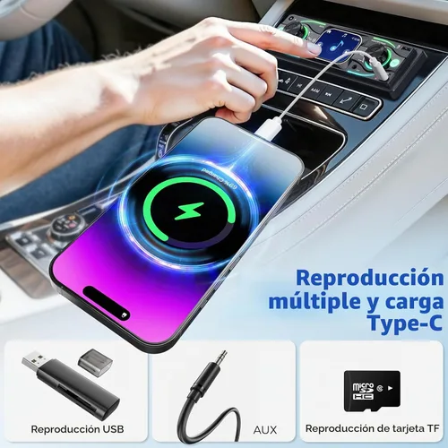 Vista 4 de Estéreo de coche DIN sencillo con pantalla táctil, audio Bluetooth, receptor de radio para coche, entrada dual MP3/USB/SD/AUX, carga rápida