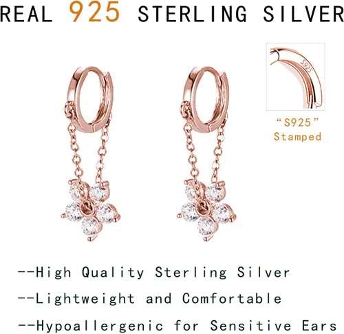 Vista 7 de Reffeer 925 Sterling Silver Flower Chain Drop Earrings Hoop for Women Teens Huggie Hoop Dangle Earrings Chain