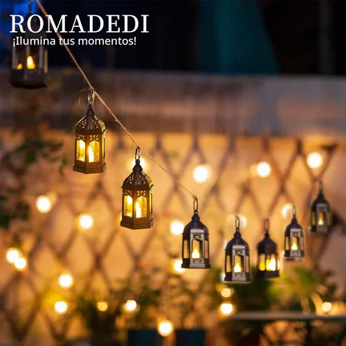 Vista 3 de Romadedi Mini Linternas Decorativas para Centro de Mesa: 10 piezas de linterna pequeña negra colgante a granel con velas LED parpadeantes para Negro