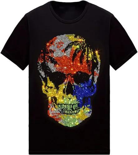 Vista 29 de HZCX FASHION Camiseta con strass brillante para Hombres y Mujeres, manga corta, con pedrería, para festivales de rock, con gemas, de algodón