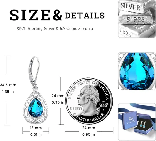Vista 156 de Aretes colgantes de plata de ley con diseño de árbol de la vida, flor, abeja, animales, gato, colibrí, piedra lunar, turquesa, aretes con cierre