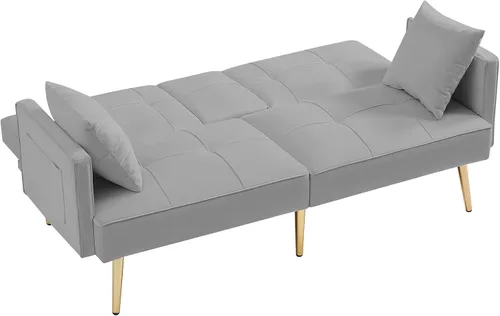 Vista 7 de Sofá sofá futón con respaldo ajustable, sofá biplaza de terciopelo con patas de metal para sala de estar, dormitorio, espacio pequeño (gris)