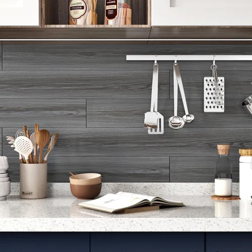 Vista 4 de Tablones de madera gris oscuro, adhesivos para azulejos de suelo para baño, dormitorio, azulejos de vinilo para cocina, impermeables, autoadhesivos