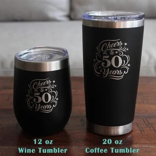 Vista 6 de Cheers to 50 Years - Vaso de café aislado con tapa deslizante - Taza aislada de acero inoxidable - Regalo para 50 aniversario - Negro