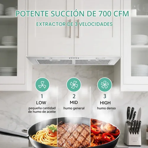 Vista 7 de Campana extractora integrada de 30 pulgadas de 700 CFM para cocina Campana de ventilación de estufa de acero inoxidable con luces LED brillantes