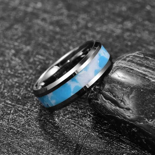 Vista 3 de MEILING LINGMEI Mens Tungsten Rings 8mm Blue and White Artificial Stone Inlay Wedding Bands Comfort Fit Size 7-12