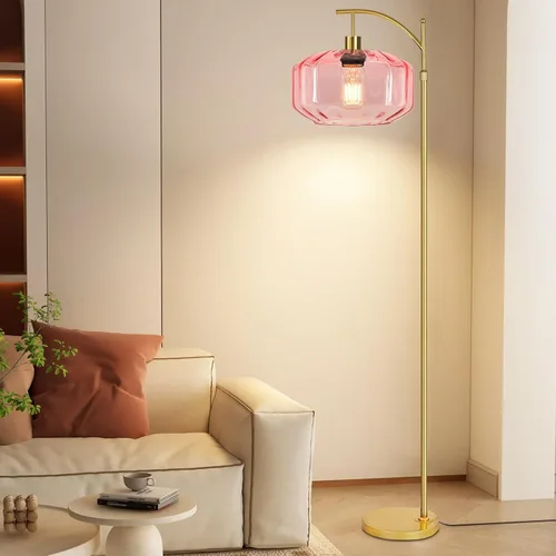 Vista 8 de Lámparas de pie doradas para sala de estar, dormitorio, lámpara de pie de cristal con control remoto y pantalla rosa, lámpara de pie regulable