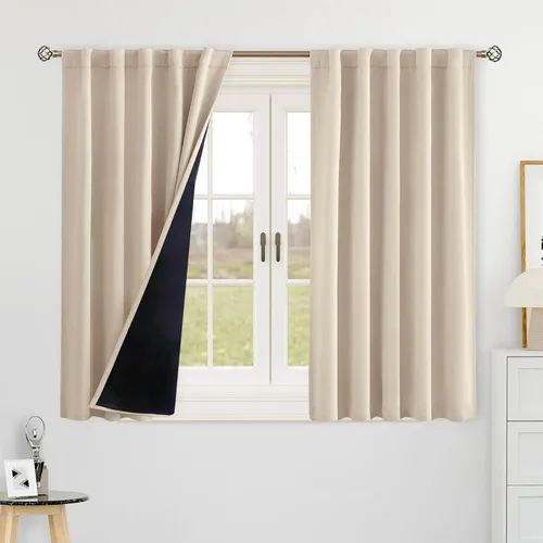 Vista 57 de BGment Cortinas 100% opacas beige de 63 pulgadas de largo con forro aislante térmico, bolsillo para varilla y lengüeta trasera de doble capa