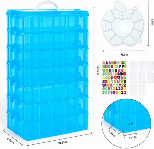 Vista 3 de INSCRAFT - Contenedor apilable de almacenamiento de 7 capas, 70 compartimentos ajustables (Azul) Contenedor apilable de almacenamiento, perfecto