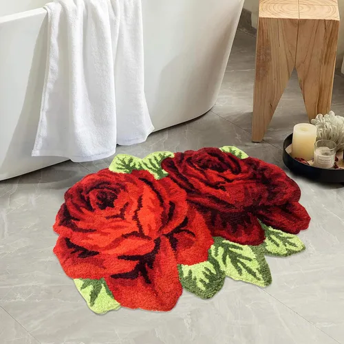 Vista 24 de USTIDE Bonita alfombra de baño de rosas para baño, alfombra de baño naranja de lujo, antideslizante, con forma de flor, alfombra de ducha de felpa