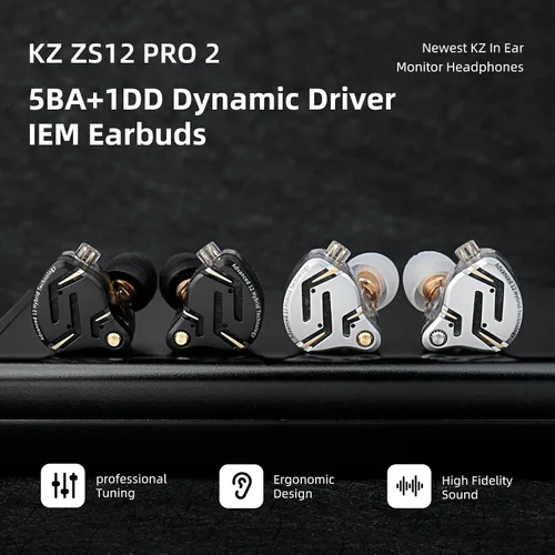 Vista 2 de KZ ZS12 PRO 2 - Auriculares in-ear con monitor de oído, auriculares híbridos para juegos 1DD+5BA, auriculares con cable transparente, auriculares