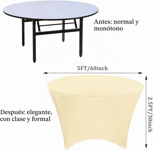 Vista 2 de Paquete de 8 Manteles Redondos de Spandex Beige de 5 Pies 60" Cubierta de Mesa Elástica Redonda Mantel de Mesa Redondo Lavable Resistente a Arrugas