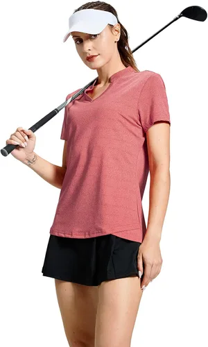 Vista 3 de MIER Polo de golf para mujer, sin cuello, UPF 50+, manga corta, tenis y correr, cuello en V