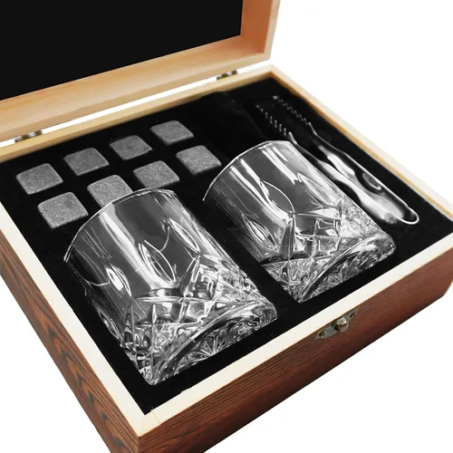Vista 2 de Juego de regalo de piedras de whisky, juego de vasos de whisky con 8 piedras de granito para enfriar whisky, 2 vasos de bourbon, los mejores regalos