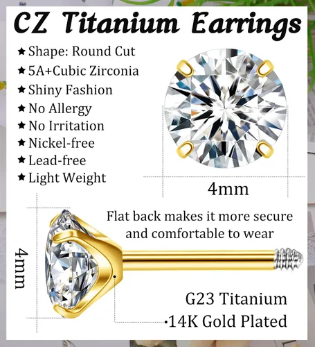 Vista 4 de Enticera G23 Aretes de Titanio 5A+Circonita Cúbica Aretes de Botón con Parte Trasera Plana Aretes Hipoalergénicos de Oro 14K Aretes 2-5MM