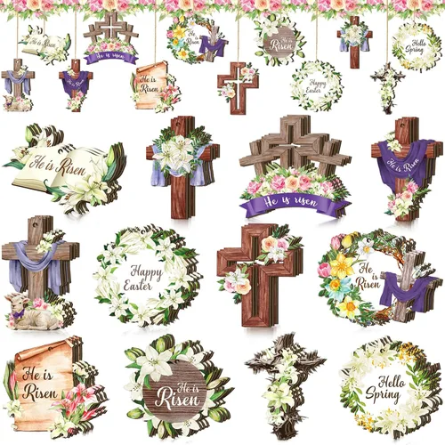 Vista 14 de Spiareal 36 piezas Adornos de día de San Patricio en madera, adorno colgante de trébol verde, gnomo verde, camión, recorte de madera, decoración