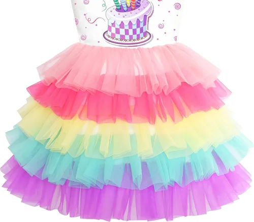 Vista 4 de Sunny Fashion Vestido de princesa con volados para niñas, con estampado de torta de cumpleaños