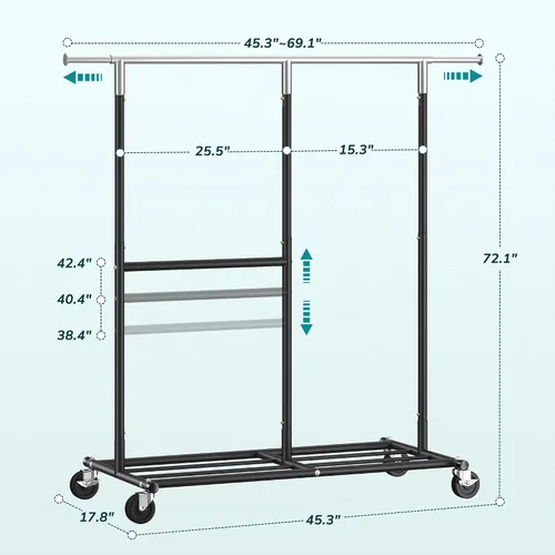 Vista 8 de Raybee Perchero para Ropa Resistente 200+LBS, Percheros para Colgar Ropa, Perchero de Metal con Ruedas, Perchero Comercial para Prendas Rodante Negro