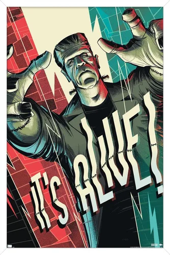 Vista 14 de Frankenstein - Póster de pared It's Alive by César Moreno, 22.4 pulgadas de largo x 14.7 pulgadas de ancho, versión enmarcada en madera de granero