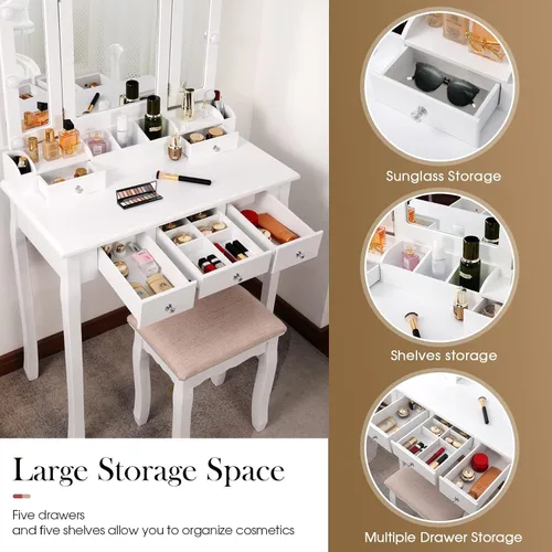 Vista 8 de Escritorio de maquillaje blanco con espejo plegable y luces