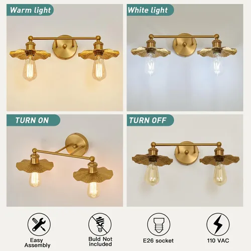 Vista 3 de ZGLAOJT 2 Luces Vintage para Tocador Doradas Accesorios de Iluminación para Baño Sobre Espejo.