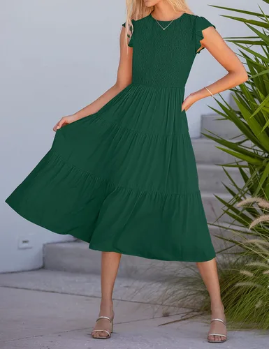 Vista 6 de MEROKEETY - Vestido midi fruncido de manga corta para mujer, vestido de verano casual, acampanado, con cintura elástica y escalonado