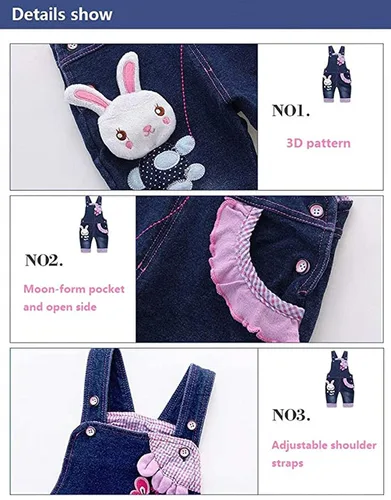 Vista 4 de KIDSCOOL SPACE Baby Girl Jean Overalls,Toddler Denim Cute 3D Bunny Outfit