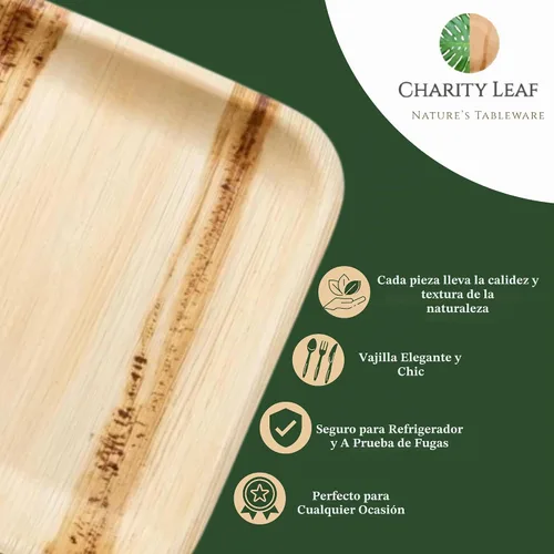 Vista 6 de Charity Leaf Bandejas desechables de hoja de palma de 14" x 10" (10 piezas) Platos para servir tipo bambú, tablas desechables, vajilla ecológica