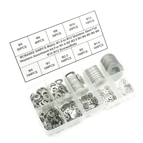 Vista 5 de Kit surtido de arandelas planas M1.6 a M12, acero inoxidable 304, para tornillos M1.6 M2 M2.5 M3 M4 M5 M6 M8 M10 M12