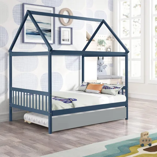 Vista 5 de Camas de casa matrimonial con nido para niños, marco de cama de madera para niñas y niños, no necesita resorte, tamaño matrimonial, azul