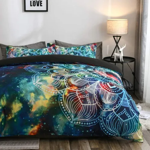 Vista 3 de Juego de funda de edredón de galaxia, diseño floral rústico con mandala, tamaño Queen, espacio exterior bohemio, color azul, Microfibra, Estilo 1