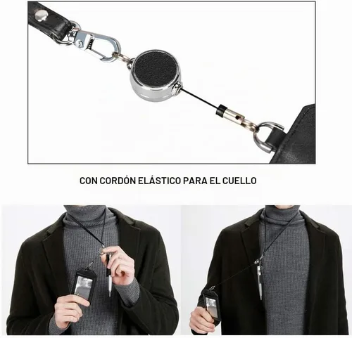 Vista 6 de boshiho - Soporte para tarjetas de identificación de crédito de piel auténtica con cordón elástico para el cuello, estilo vertical (negro)
