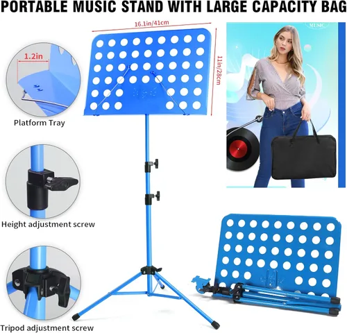 Vista 3 de lotmusic Soporte de música azul, soporte portátil para partituras, soporte de música plegable y ajustable en altura con bolsa, clip de partitura