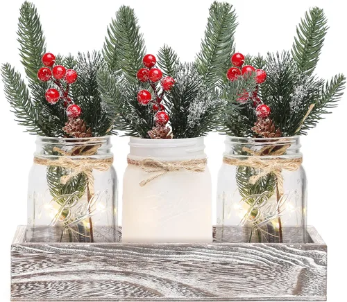 Vista 9 de Tarros de cristal de Navidad, centro de mesa de Navidad para mesa, juego de 3 tarros de albañil coloridos con luces y plantas artificiales