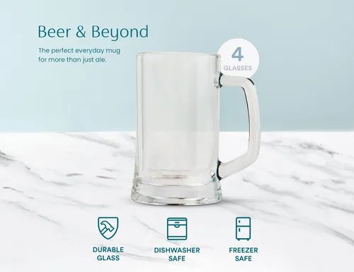 Vista 6 de KooK Tazas de cerveza, juego de 4, 12.7 onzas, tazas grandes transparentes, regalo para hombres, con asas, tazas grandes para té, café, flotadores