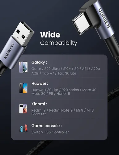 Vista 7 de UGREEN Cable USB C de ángulo recto, cable USB A a USB C de 90 grados tipo C compatible con iPhone 16/16 Plus/16 Pro/16 Pro Max/15, Galaxy