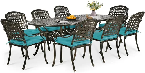 Vista 24 de Juego de comedor de patio de 9 piezas, mesa y sillas de patio al aire libre, mesa de comedor ovalada de aluminio fundido de 84 pulgadas con agujero