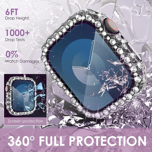 Vista 3 de NewWays Funda impermeable 2 en 1 de 1.575 pulgadas para protector de pantalla de Apple Watch SE Series 6, 5, 4, encaje completo con diamantes