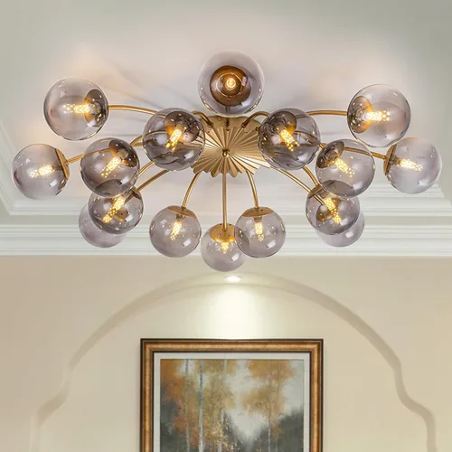 Vista 17 de Lámpara de araña Sputnik con 8 luces de globo dorado con burbujas de vidrio de leche Milk Glass Bubble Ball, Semi Flush Ceiling Lights, Blossom