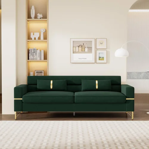 Vista 13 de Juego de sofá de 85 pulgadas, sofá de terciopelo con 2 almohadas y patas doradas, marco resistente de 750 libras, sofá moderno para dormitorio Negro