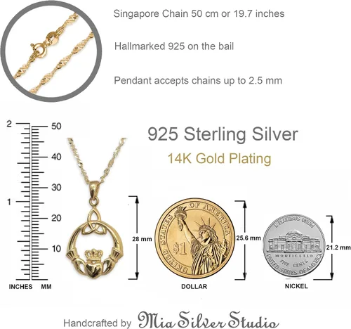 Vista 13 de 925 Sterling Silver Irish Claddagh Necklace - Trinity Celtic Knot Pendant with 20" Inch Chain - Hands Holding Heart Crown Charm - Love Celtic