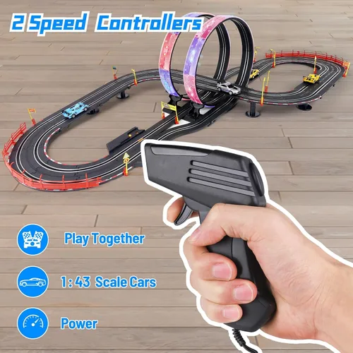 Vista 6 de Juego de pistas de carreras de autos de tragamonedas, pista eléctrica de 19 pies con luces LED y 4 autos de tragamonedas, 2 controladores de mano