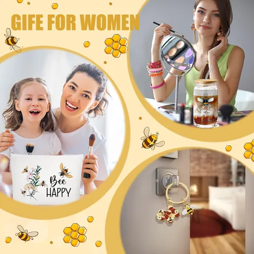 Vista 6 de Hushee - 3 piezas de regalos temáticos de abeja, bolsa de maquillaje feliz y taza de vidrio con tapa, llavero inspirador para profesores, amigas