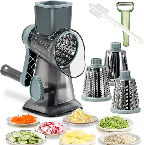 Vista 8 de Rallador giratorio de queso con asa, rebanador de verduras de mandolina manual, triturador de zanahorias, molinillo de nueces con 3 cuchillas