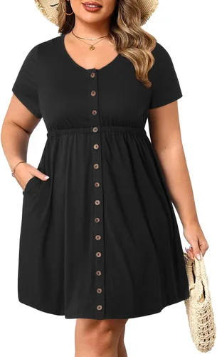 Vista 90 de Holipick Vestidos de verano para mujer, talla grande, casual, con bolsillos, acampanado, con botones, sin mangas, cuello en V