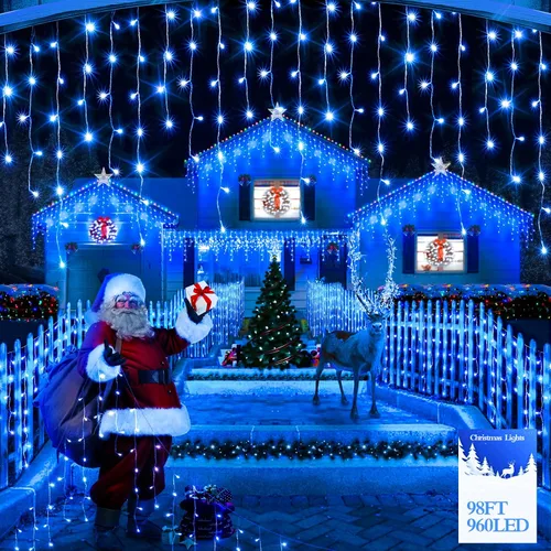Vista 26 de FLVOECN 480 luces LED de Navidad de 49 pies, enchufables, 8 modos con temporizador, luces de hielo regulables, para exteriores, impermeables