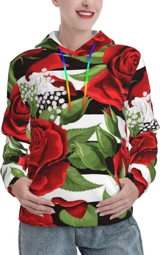 Vista 2 de BcoDoN Womens Rose Floral Black White Stripes Hoodies Sweatshirt Sports Pullover Tops For Ladies